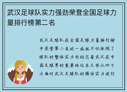 武汉足球队实力强劲荣登全国足球力量排行榜第二名
