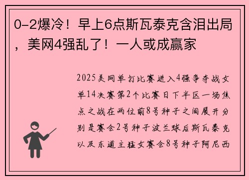 0-2爆冷！早上6点斯瓦泰克含泪出局，美网4强乱了！一人或成赢家
